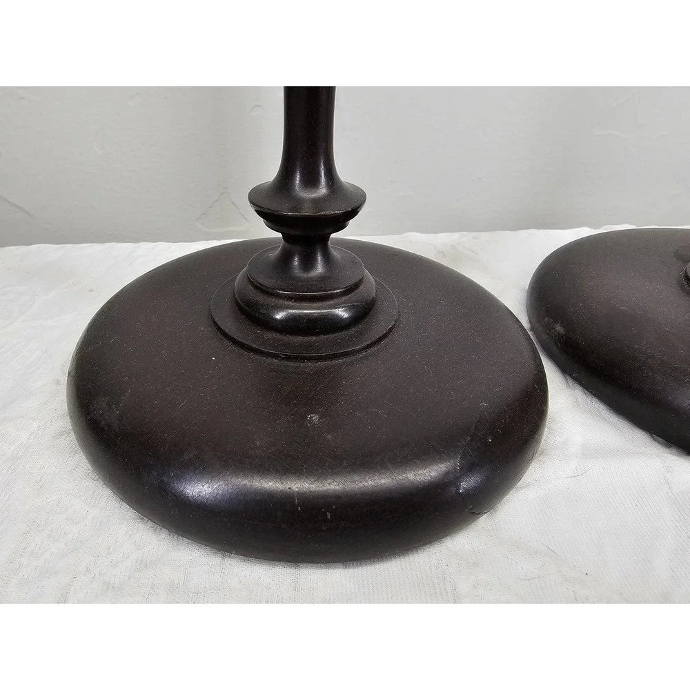 Antique 1900's Dark Wood Candlestick Holders Pair Ornate Brass‎ Top Elegant